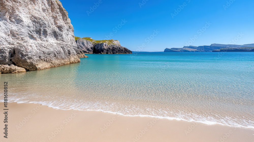 serene beach with clear water and rocky cliffs under blue sky serene beach with clear water and rocky cliffs under blue sky