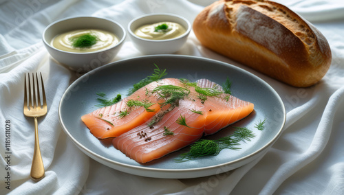 Fresh style Norwegian gravlax with salmon and dill, representing traditional cuisine  photo