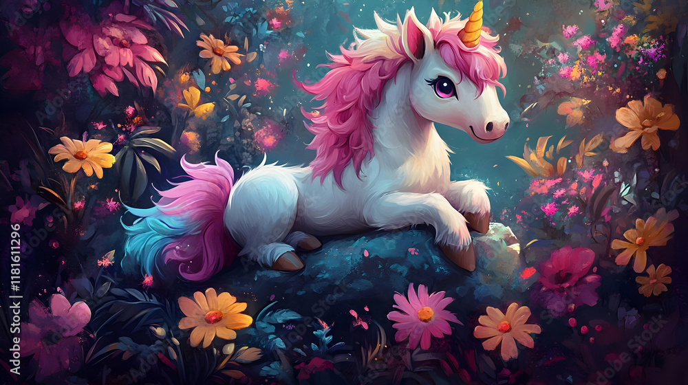 Obraz premium Unicorn Rests Peacefully in a Magical Flower Garden