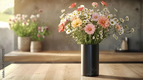 Wallpaper Mural Flowers Bloom Beautifully in a Vase on Wooden Table Torontodigital.ca