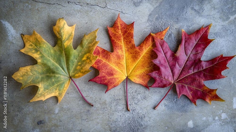 A vibrant display of autumn leaves in green, yellow, and red hues on a textured concrete surface. A vibrant display of autumn leaves in green, yellow, and red hues on a textured concrete surface.