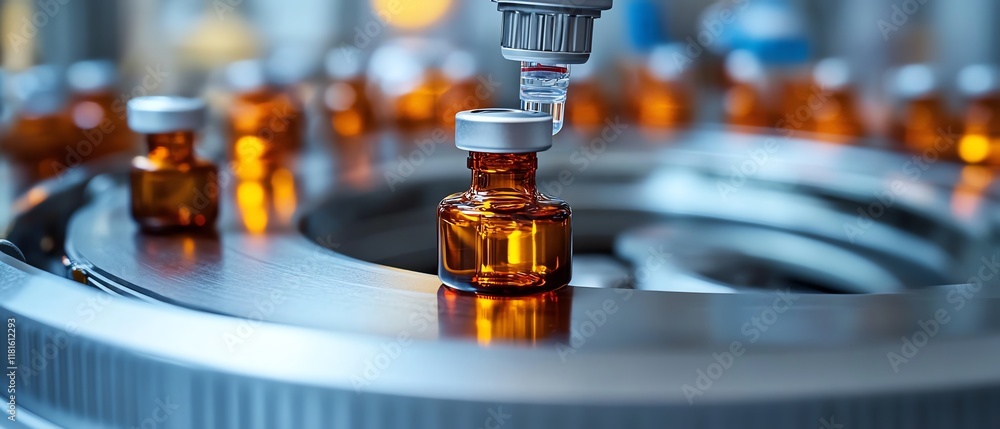 Automated pharmaceutical production line in a hightech laboratory, featuring syringes and vials moving along the assembly line with precision and efficiency Automated pharmaceutical production line in a hightech laboratory, featuring syringes and vials moving along the assembly line with precision and efficiency