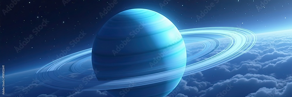 A majestic icy blue planet with brilliant rings floats against a backdrop of clouds and starry sky A majestic icy blue planet with brilliant rings floats against a backdrop of clouds and starry sky