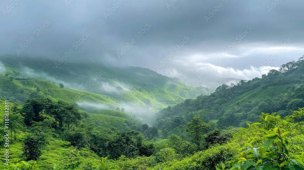Fototapeta premium Misty Tea Plantation Hills: A Breathtaking Landscape