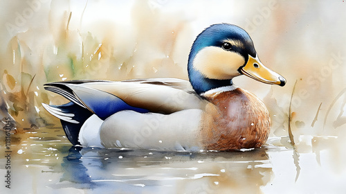 Duck Swims Calmly in Water ...
