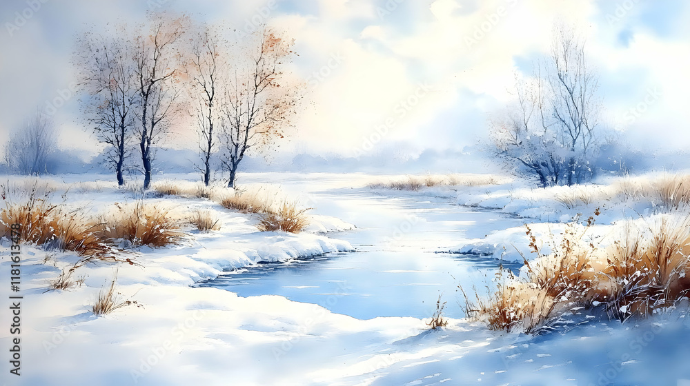 Winter River Flows Through Snowy Landscape Gently and Serenely with Frozen Trees Winter River Flows Through Snowy Landscape Gently and Serenely with Frozen Trees