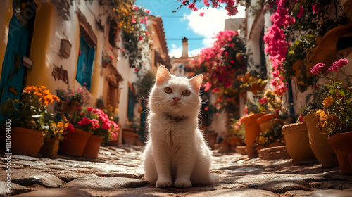 White Cat Sits Majestically...