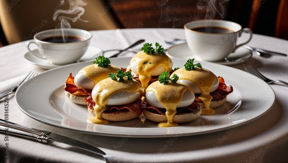 Classic Eggs Benedict in Elegant Restaurant Setting with Morning Light Classic Eggs Benedict in Elegant Restaurant Setting with Morning Light