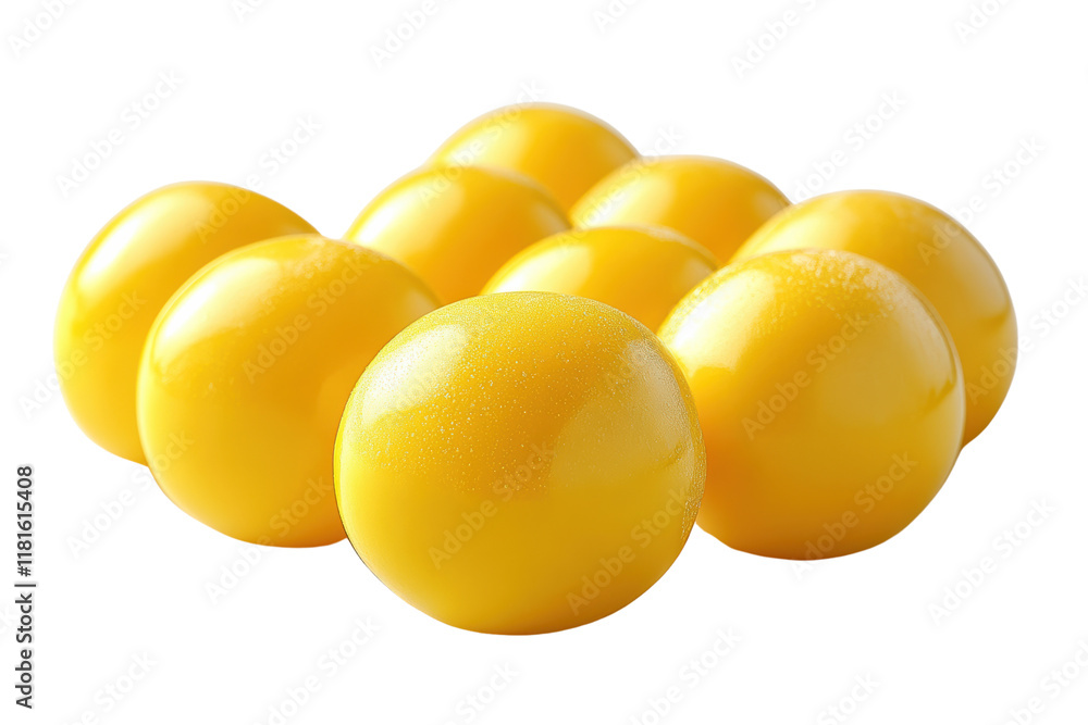 A collection of vibrant yellow balls arranged artfully, set against a white isolated background, perfect for culinary themes or creative designs. A collection of vibrant yellow balls arranged artfully, set against a white isolated background, perfect for culinary themes or creative designs.