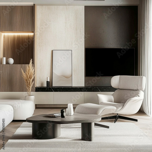 Contemporary Living Room with Minimalist Lounge Chair, Abstract Coffee Table, Neutral Tones, and Elegant Decor photo