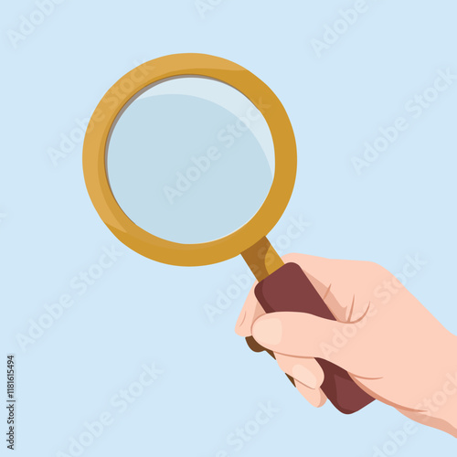 Hand holding magnifying glass with searching illustration and search for investigation with transparent magnifying glass in hand for testing