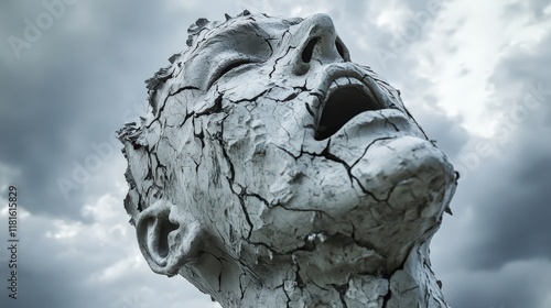 A Cracked Mask of Emotion: A Face Revealing Story of Struggle and Despair Under Darkening Skies