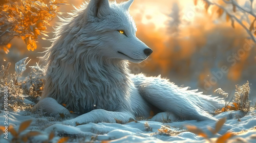 White Wolf Relaxes in Snowy...