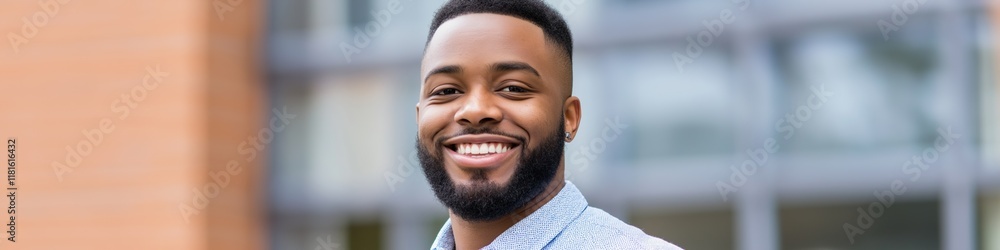 Obraz premium A man with a beard and a smile is standing in front of a building. He is wearing a blue shirt and a white shirt