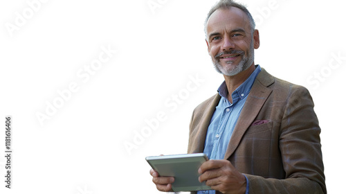 png of man holding tab for re-edit needs without background transparent background photo