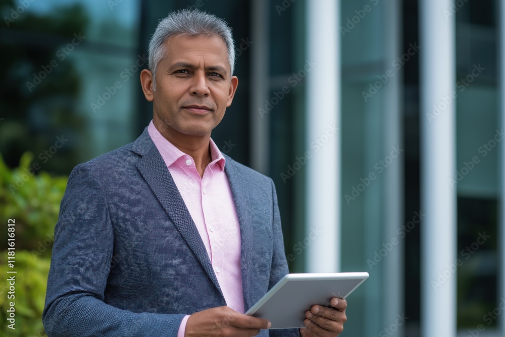 A man in a suit and pink shirt is holding a tablet. He looks serious and focused. Concept of professionalism and technology A man in a suit and pink shirt is holding a tablet. He looks serious and focused. Concept of professionalism and technology