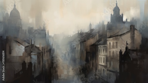 An abstract view of an ancient cityscape, with buildings that are blurred and like a painting. The colors include smoky grays, sepia highlights, and a touch of soft pastel blue.