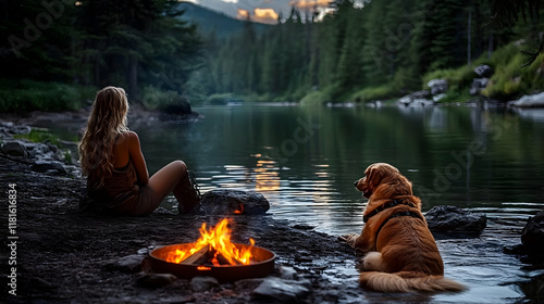 Camping Dog Sits by River, ...