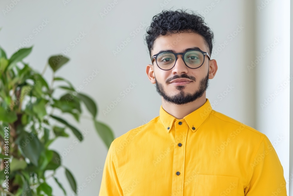 Fototapeta premium A man with glasses and a beard is wearing a yellow shirt. He is smiling and looking at the camera