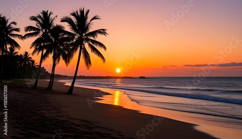 Beautiful sunrise on the beach with coconut palm trees