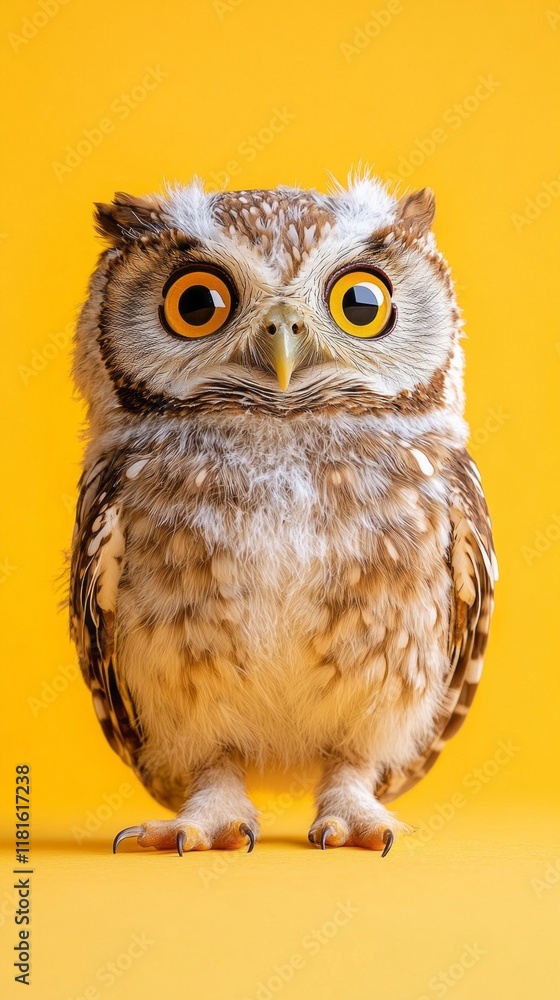 Obraz premium A comical owl stands upright with wide, surprised eyes, bringing an air of curiosity and playfulness. This delightful creature showcases its soft feathers and enchanting personality, exuding charm