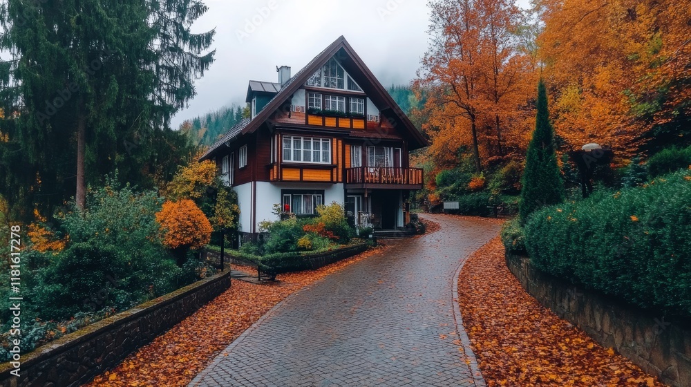 Autumnal House, Cobblestone Drive, Fall Foliage, Forest Setting Autumnal House, Cobblestone Drive, Fall Foliage, Forest Setting