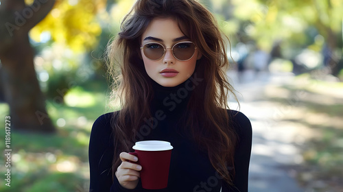 Woman Drinks Coffee in Autu...