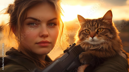Girl Holds Cat and Object a...