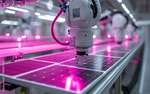 Robotic arms assembling solar panels in a hightech manufacturing facility, with bright lighting highlighting the precision and efficiency of the automated process photo