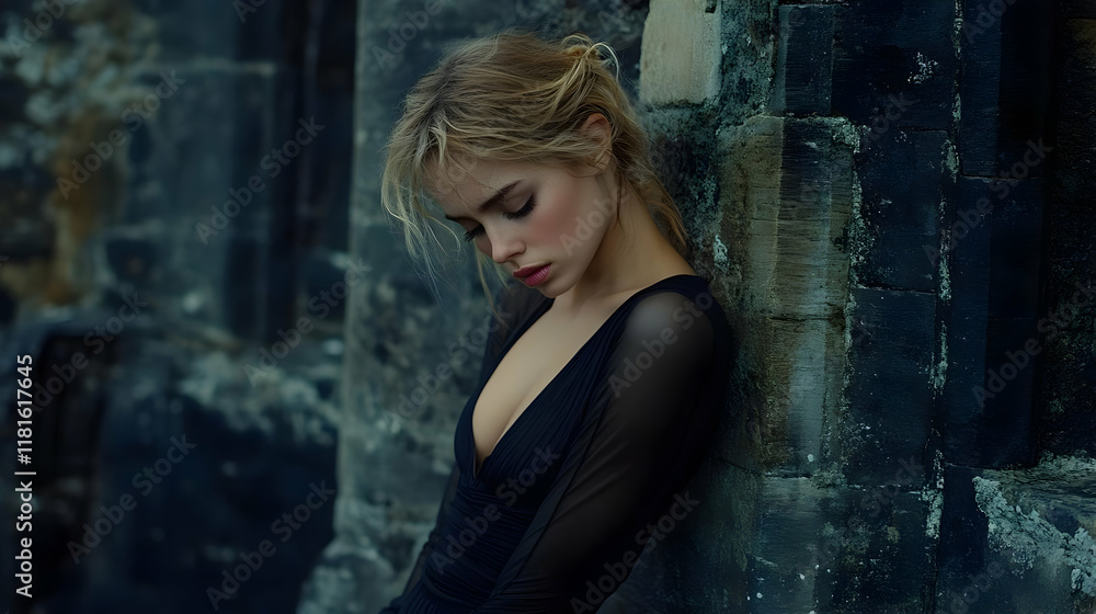 Fototapeta premium Woman Leans Against Old Wall Reflecting Quietly and Peacefully