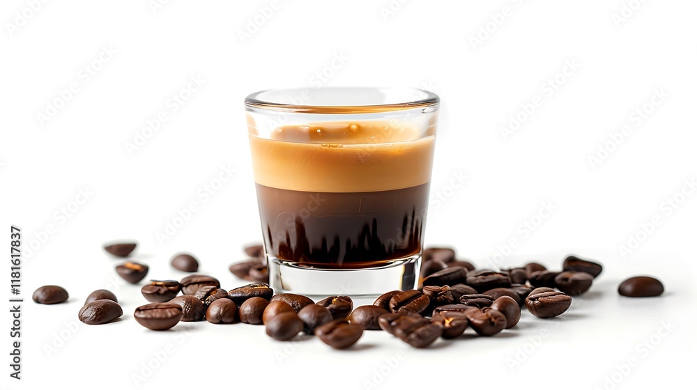 Isolated espresso shot with coffee beans on white Isolated espresso shot with coffee beans on white