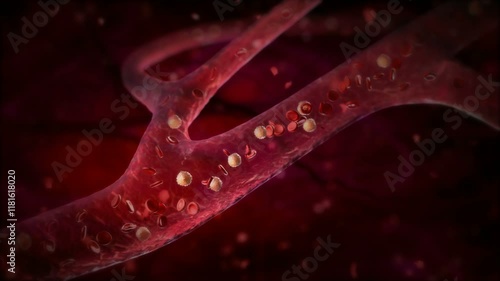 Red blood cells flowing down in vain or artery. HD
