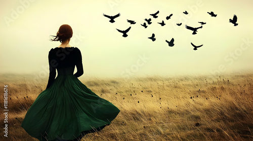 Woman Watches Birds Fly Ove...