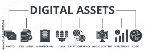 Digital assets flat banner icon of photo, document, manuscripts, data, cryptocurrency, audio content, investment, logo