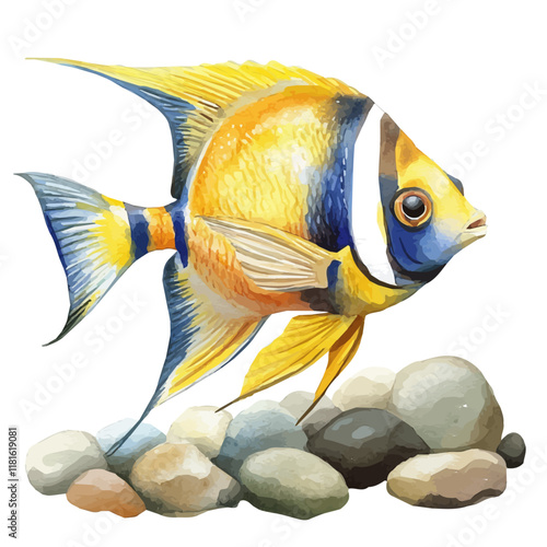 A watercolor vector of an angelfish gliding near rocks, isolated on a white background. Angelfish vector.
