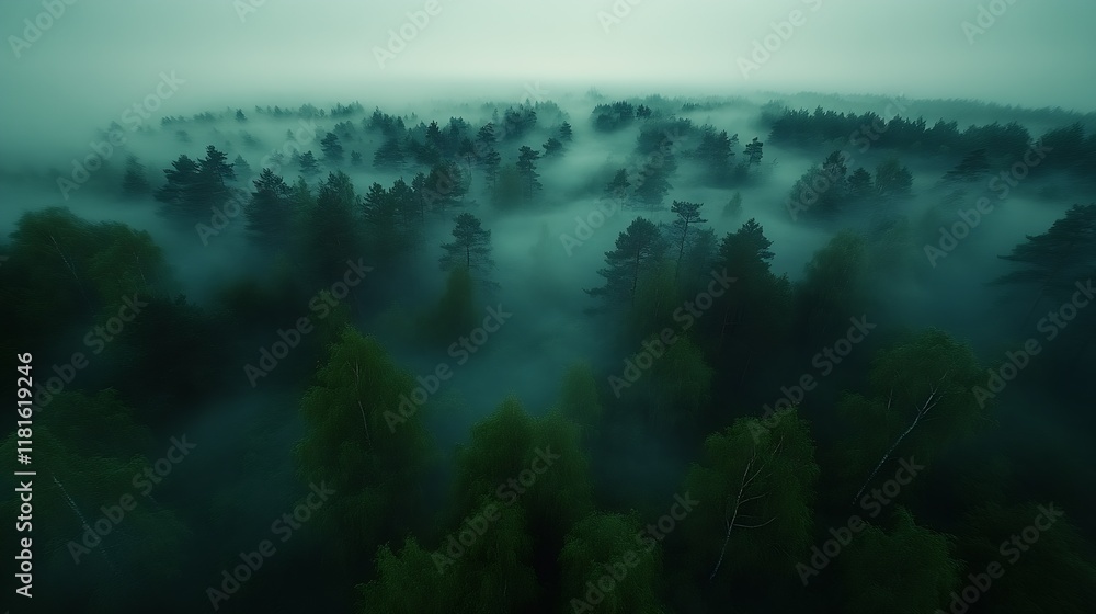 Aerial View of Misty Evergreen Forest Capturing Tranquil Atmosphere and Lush Greenery : Generative AI