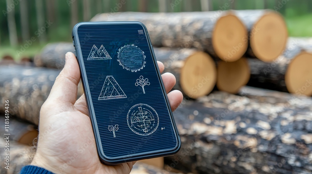 Fototapeta premium forestry industry concept. A hand holds a smartphone displaying patterns in front of stacked logs.