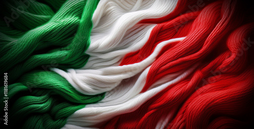 Extreme close-up of wavy fabric background with the colors of the Italian flag. Made in Italy concept. Full frame. Generative Ai.