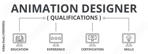 Animation designer qualifications with education, experience, certification, skills, icon concept illustration