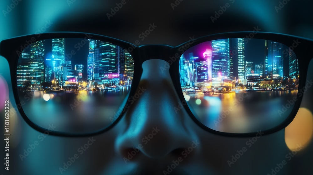 Reflections of Vibrant City Lights in Sunglasses at Night Urban Scene : Generative AI Reflections of Vibrant City Lights in Sunglasses at Night Urban Scene : Generative AI