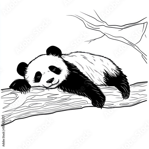 Sleeping panda on branch, serene forest background, coloring page photo