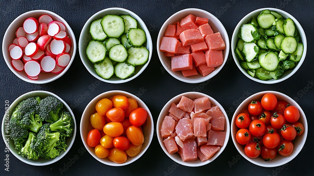 Eight bowls filled with fresh vegetables, fruits, and proteins, arranged in a grid. Eight bowls filled with fresh vegetables, fruits, and proteins, arranged in a grid.