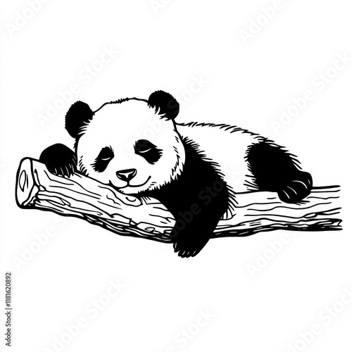 Sleeping panda cub on branch, forest background, wildlife illustration, design element photo