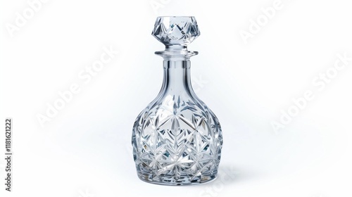 A crystal decanter with an intricate cut-glass design, isolated on a white background.