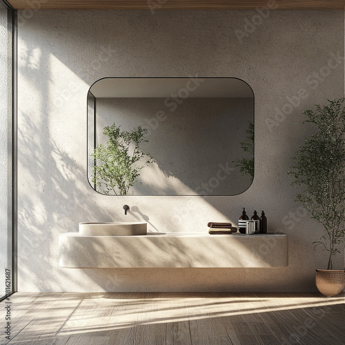 Minimalist Bathroom Design with Floating Vanity, Large Mirror, Indoor Plants, and Soft Natural Lighting photo