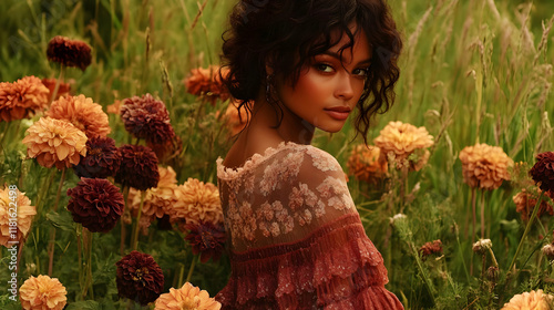 Woman Poses Among Flowers, ...
