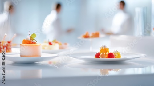Fototapeta Naklejka Na Ścianę i Meble -  Small elegant desserts arranged on white plates, showcasing a modern restaurant kitchen with chefs actively working in the background, creating a vibrant culinary atmosphere