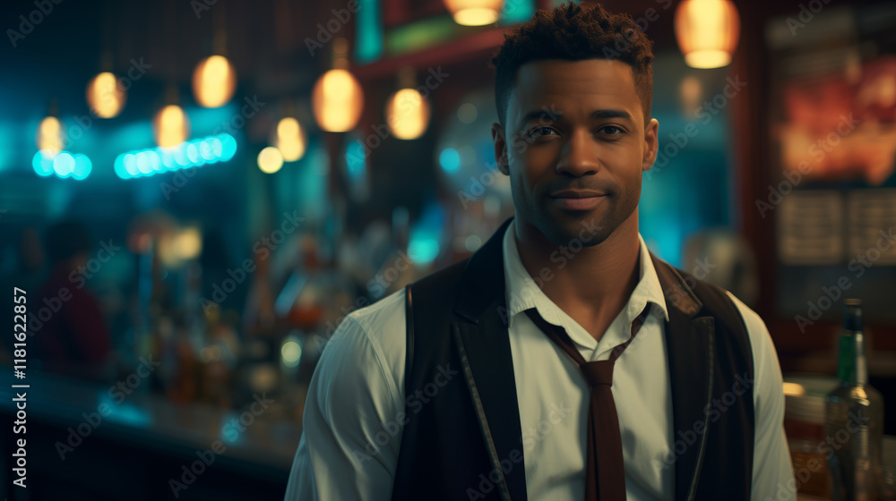 Fototapeta premium Night bar with bartender in vest and tie, blurred background and soft lighting add atmosphere