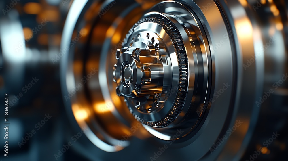 High Precision Metallic Gear with Gold Highlights in Industrial Setting : Generative AI High Precision Metallic Gear with Gold Highlights in Industrial Setting : Generative AI