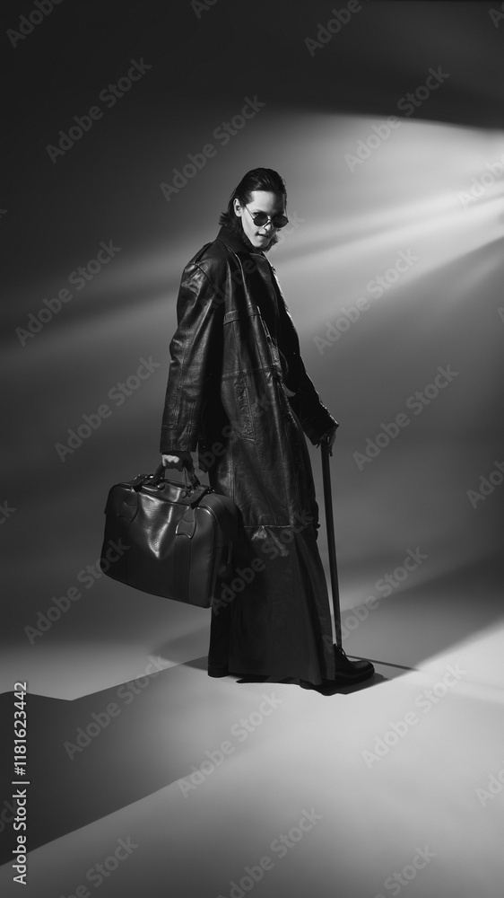 Monochrome, full length portrait of vampire wearing round glasses and leather coat poses holding bag and cane. Lord of darkness. Concept of historical and modernity, fashion and style, creativity. Monochrome, full length portrait of vampire wearing round glasses and leather coat poses holding bag and cane. Lord of darkness. Concept of historical and modernity, fashion and style, creativity.